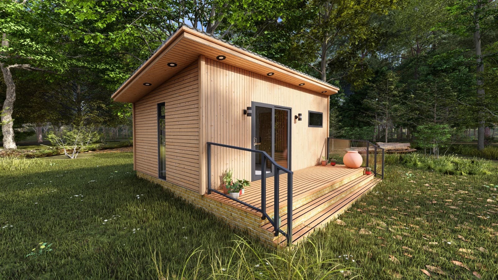 Two people in an outdoor sauna lodge